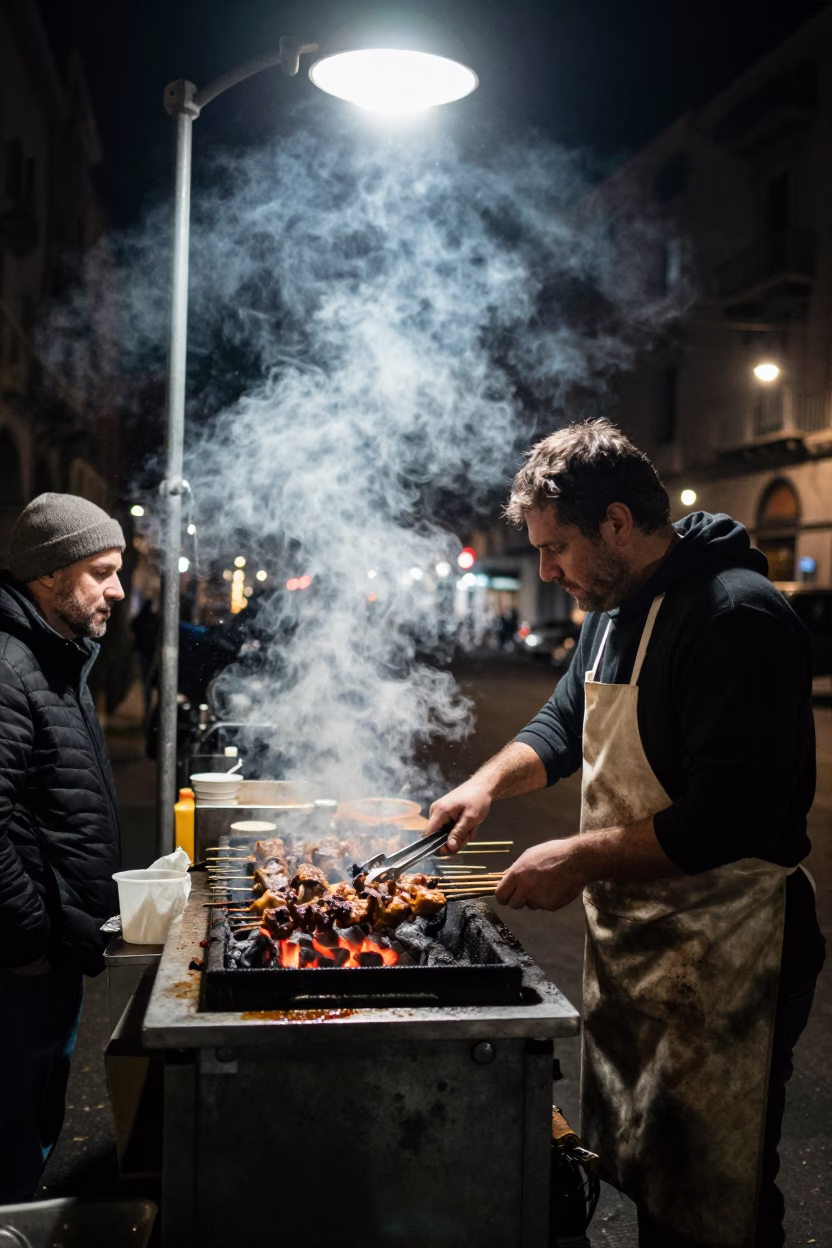 Late Night Milan Street Scene with Grilled Kebab and Vintage Bakelite Telephone in in Milan, Italy