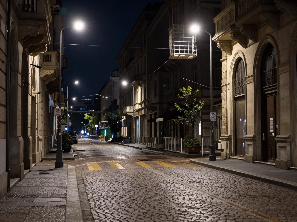 Late Night Milan Street Scene with Leaf Shadows and Bridge Maintenance Cage in in Milan, Italy
