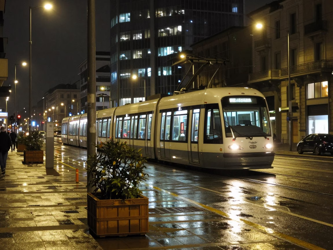 Late Night Milan Street Scene with Monorail and Urban Details in in Milan, Italy