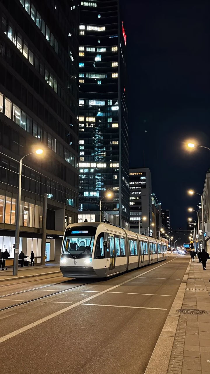 Late Night Milan Street Scene with Monorail Reflection and Urban Details in in Milan, Italy
