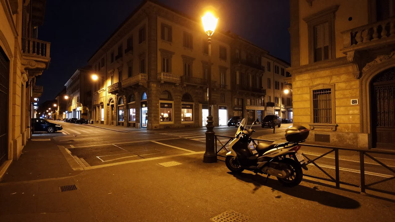 Late Night Milan Street Scene with Motorbike and Urban Details in in Milan, Italy