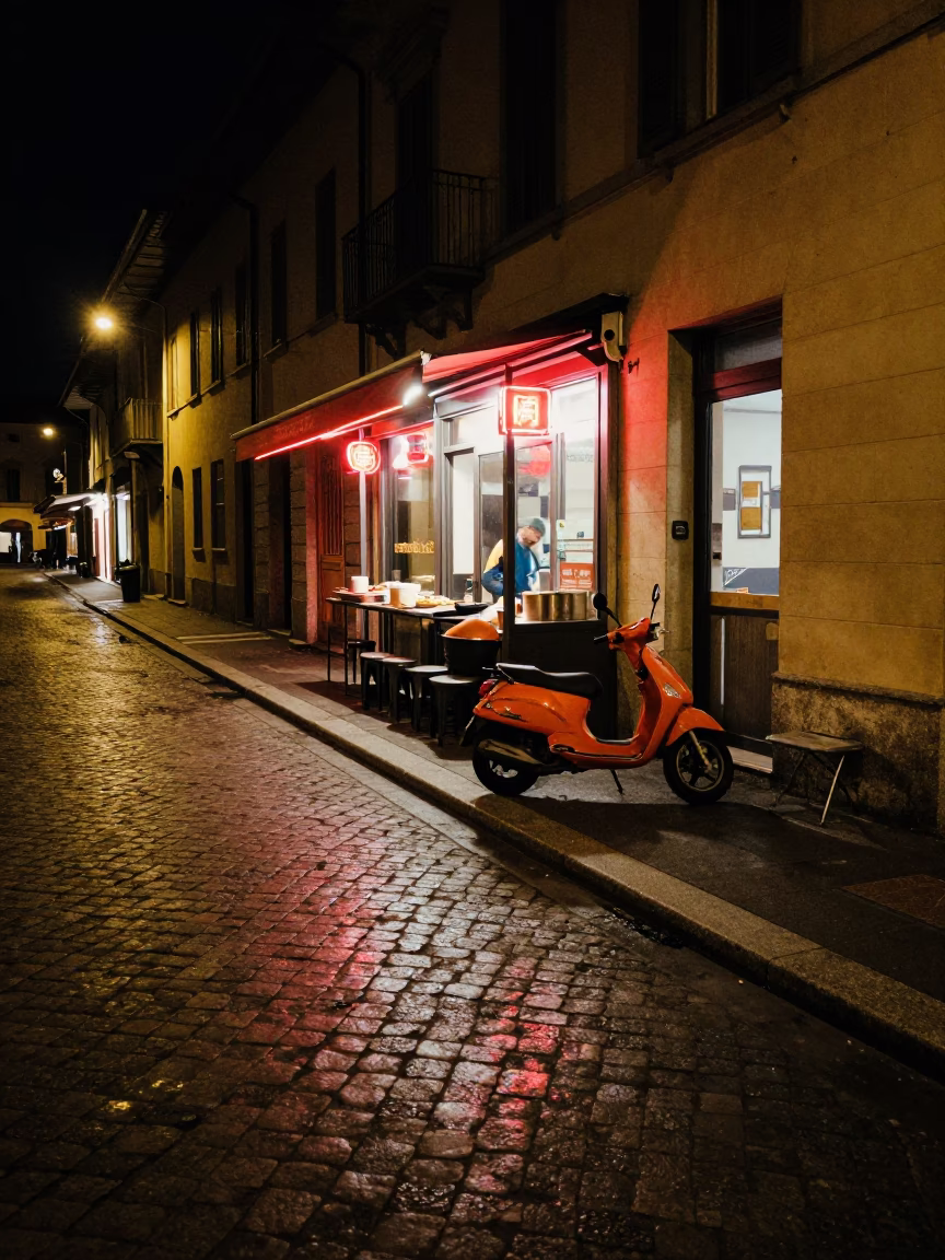 Late Night Milan Street Scene with Motorcycle and Cooking Pot Outside Closed Restaurant in in Milan, Italy