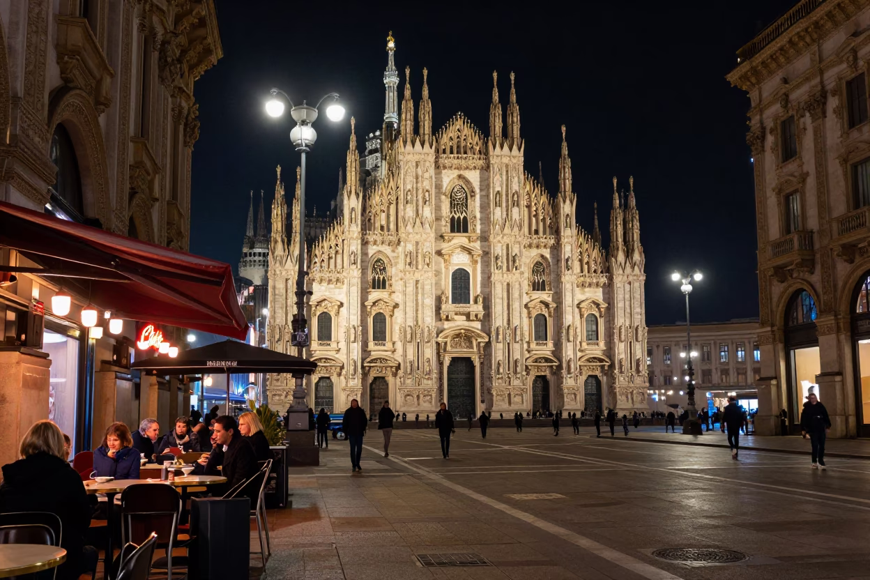 Late Night Milan Street Scene with Neon Lights and Urban Architecture in in Milan, Italy