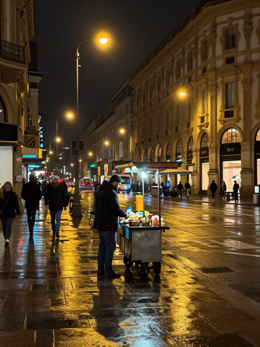 Late Night Milan Street Scene with Neon Reflections and Local Urban Details in in Milan, Italy