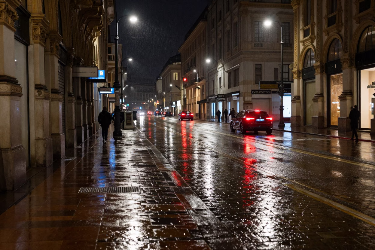 Late Night Milan Street Scene with Neon Reflections and Urban Details in in Milan, Italy
