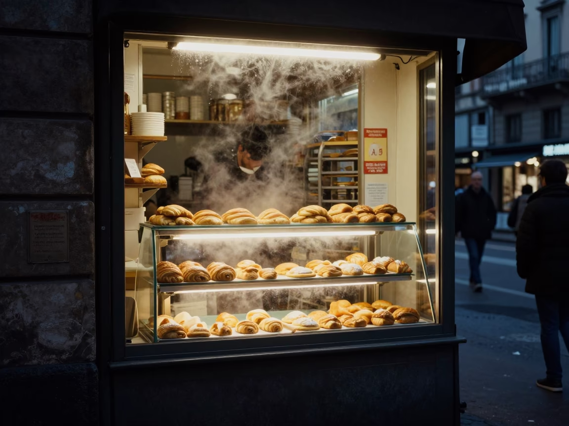 Late Night Milan Street Scene with Pastries and Condensation at Midnight in in Milan, Italy