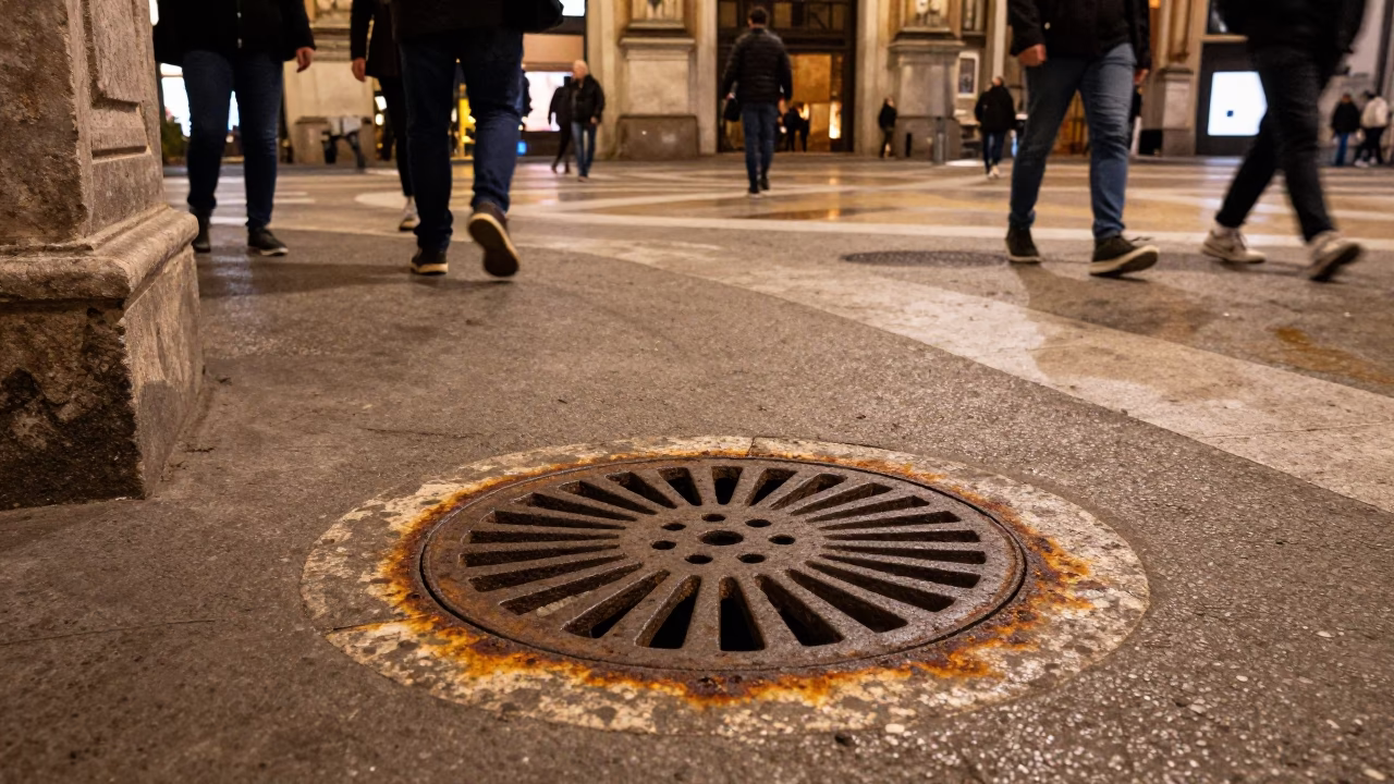 Late Night Milan Street Scene with Rusty Drain and Dolsot Bibimbap Sizzling in in Milan, Italy