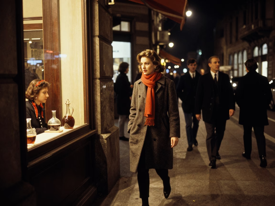 Late Night Milan Street Scene with Scarf and Decanter in 1960s Italy in in Milan, Italy