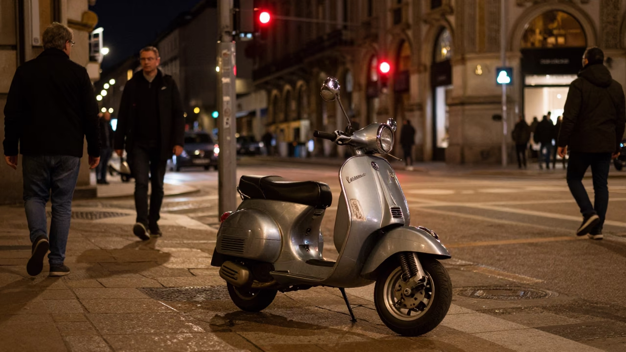 Late Night Milan Street Scene with Scooter and Smudged Counter Detail in in Milan, Italy