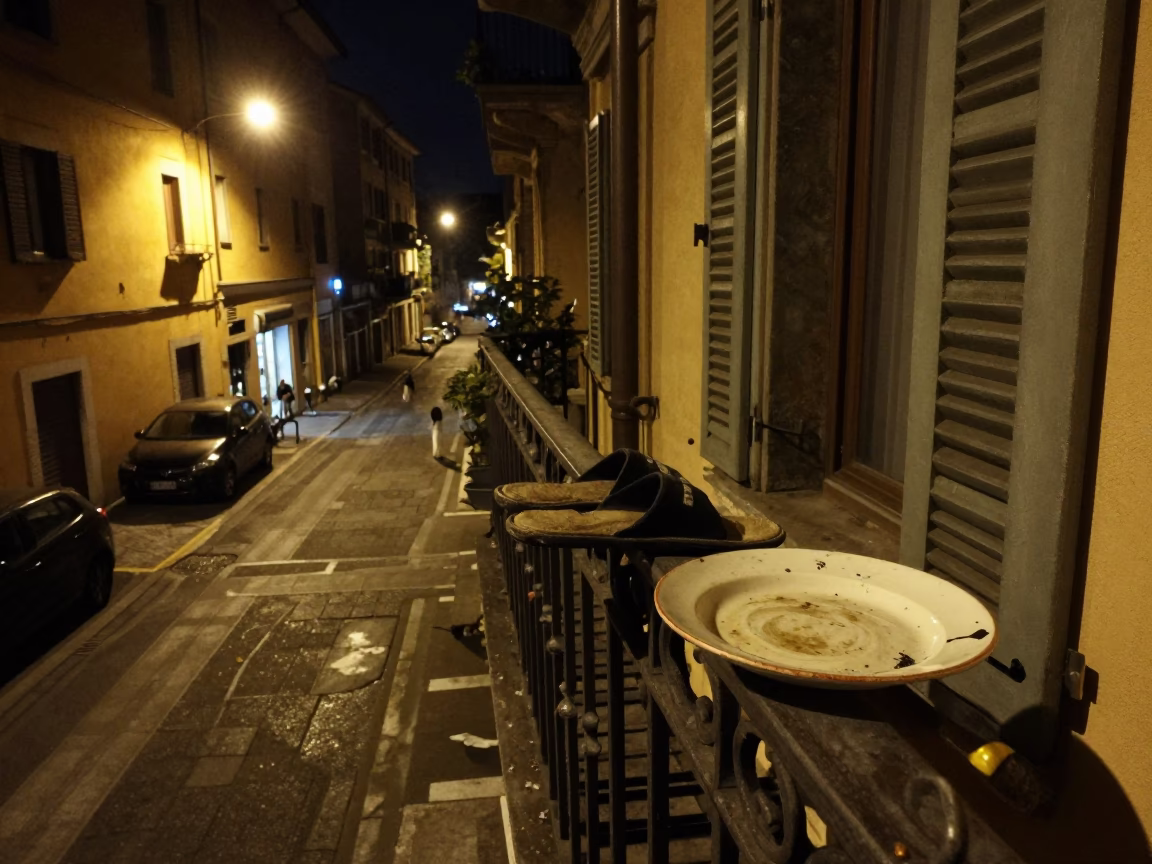 Late Night Milan Street Scene with Slippers and Ceramic Plate on Balcony in in Milan, Italy