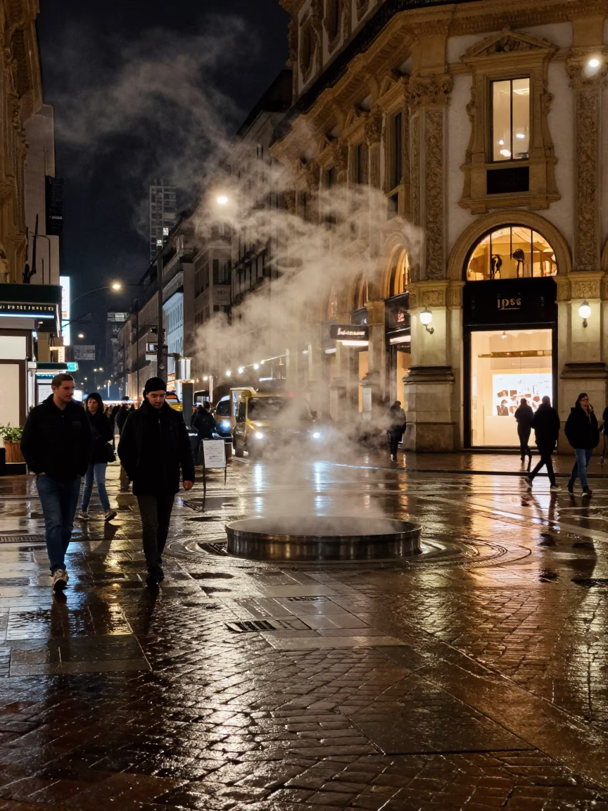 Late Night Milan Street Scene with Steam and Urban Details in in Milan, Italy