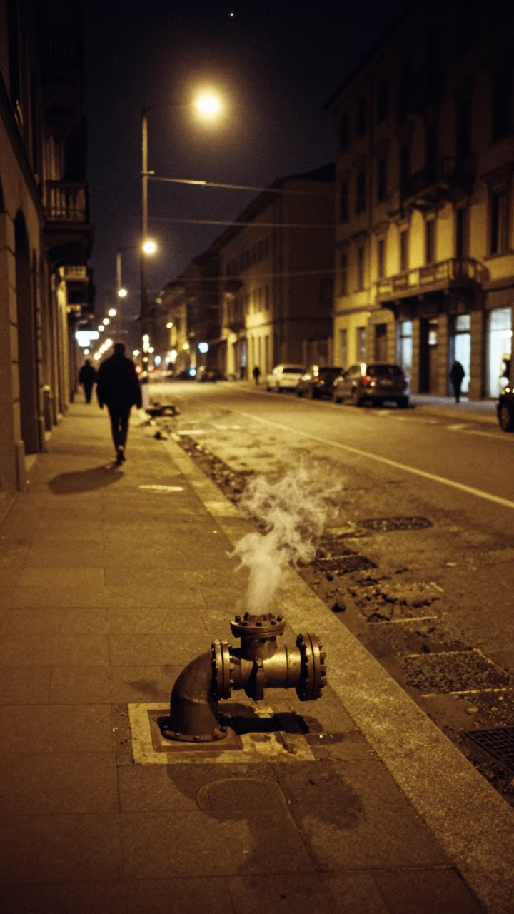 Late Night Milan Street Scene with Steaming District Heating Pipes and Frost in in Milan, Italy