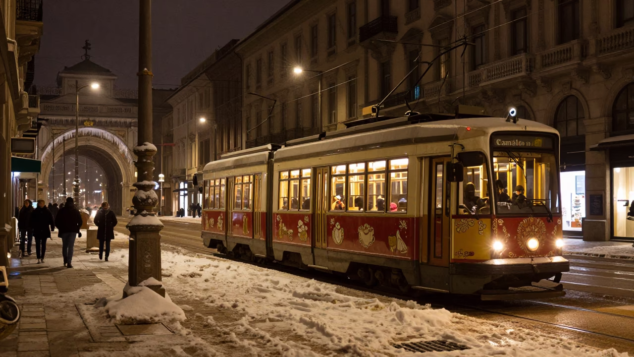 Late Night Milan Street Scene with Tramcar and Urban Details in in Milan, Italy