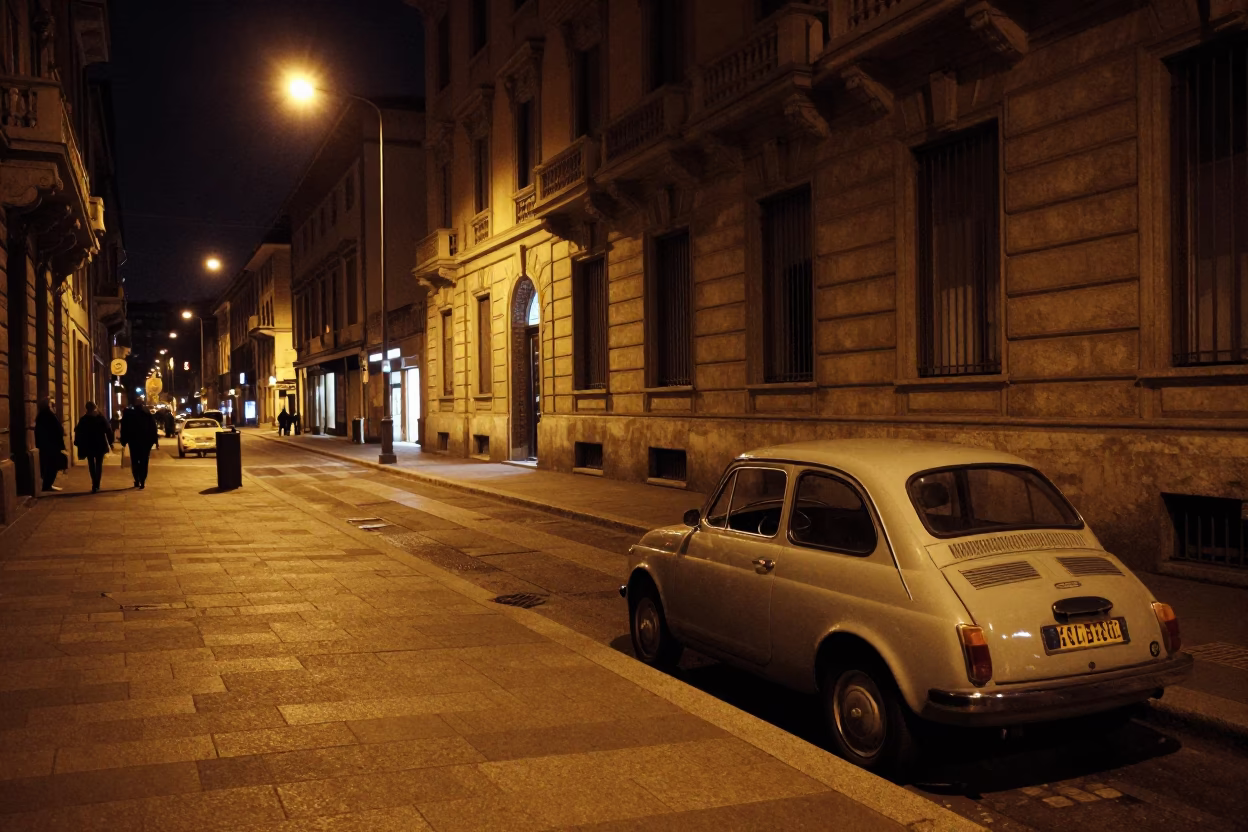 Late Night Milan Street Scene with Vintage Car and Blanket in in Milan, Italy