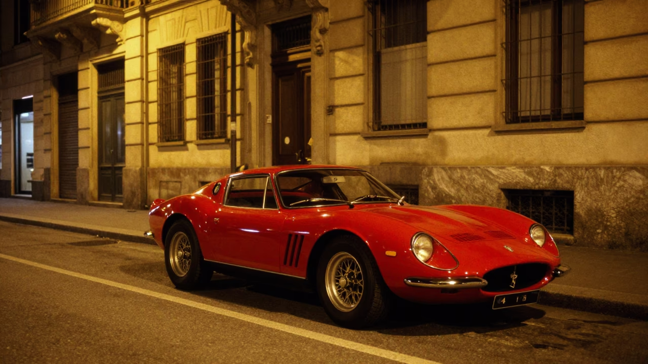 Late Night Milan Street Scene with Vintage Red Sports Car and Urban Architecture in in Milan, Italy