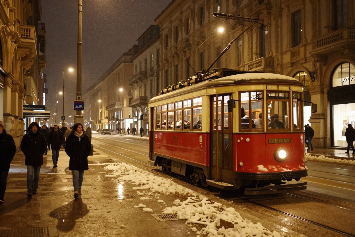 Late Night Milan Street Scene with Vintage Tram and Snowy Avenue Ambiance in in Milan, Italy