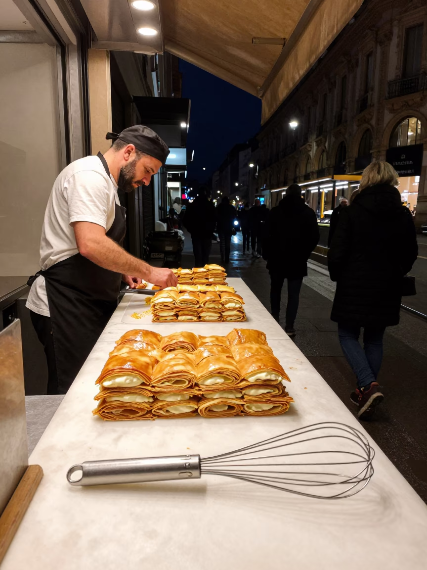 Late Night Milan Street Scene with Whisks and Mille-Feuille Slice in in Milan, Italy