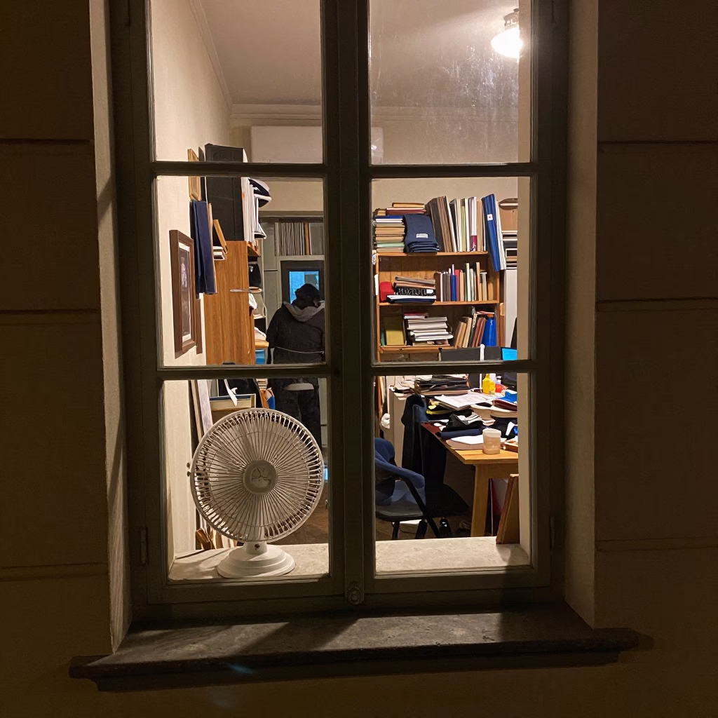 Late Night Milan Street Scene with Window Fan and Bookmarks in Apartment in in Milan, Italy
