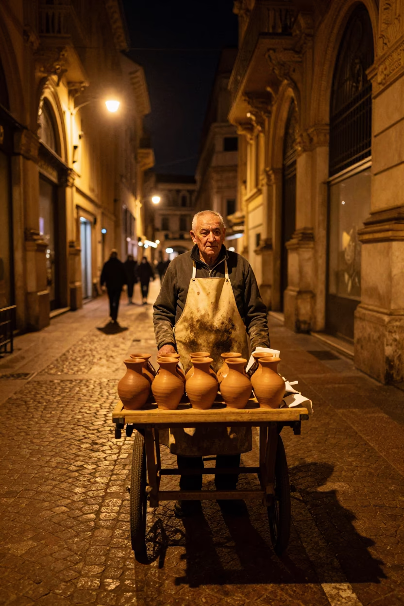 Late Night Milan Street Vendor with Clay Pots and Black Cat in in Milan, Italy