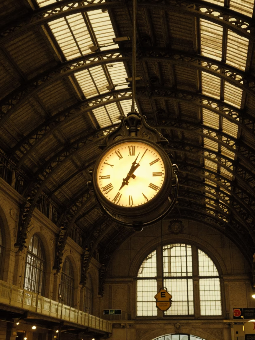 Late Night Milan Train Station Clock Under Vaulted Iron Roof in in Milan, Italy