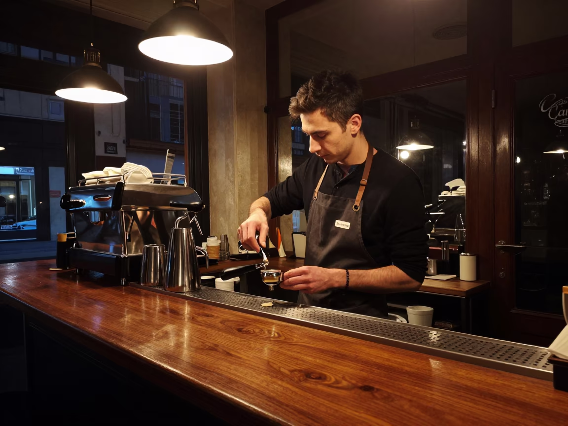 Late Night Milanese Cafe Barista Preparing Espresso with Ceramic Cup in in Milan, Italy