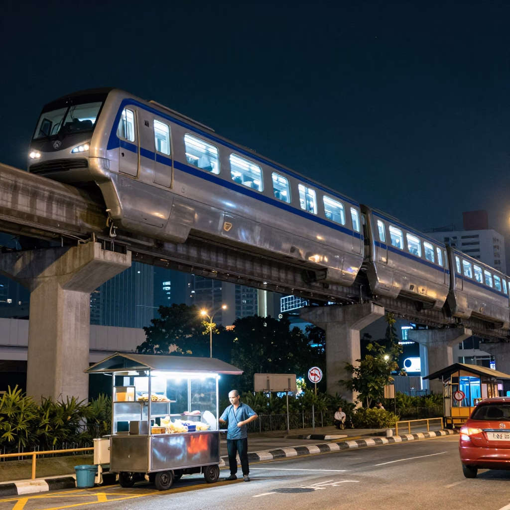 Late Night Monorail Passing Over Kuala Lumpur Street With Condensation On Handle in in Kuala Lumpur, Malaysia