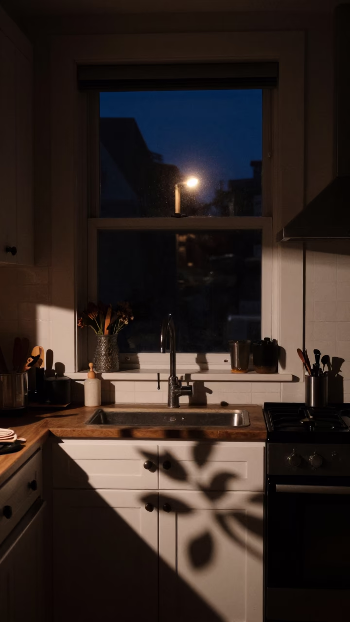 Late Night Montreal Kitchen Scene with Leaf Shadows and Water Bottle on Countertop in in Montreal, Quebec, Canada