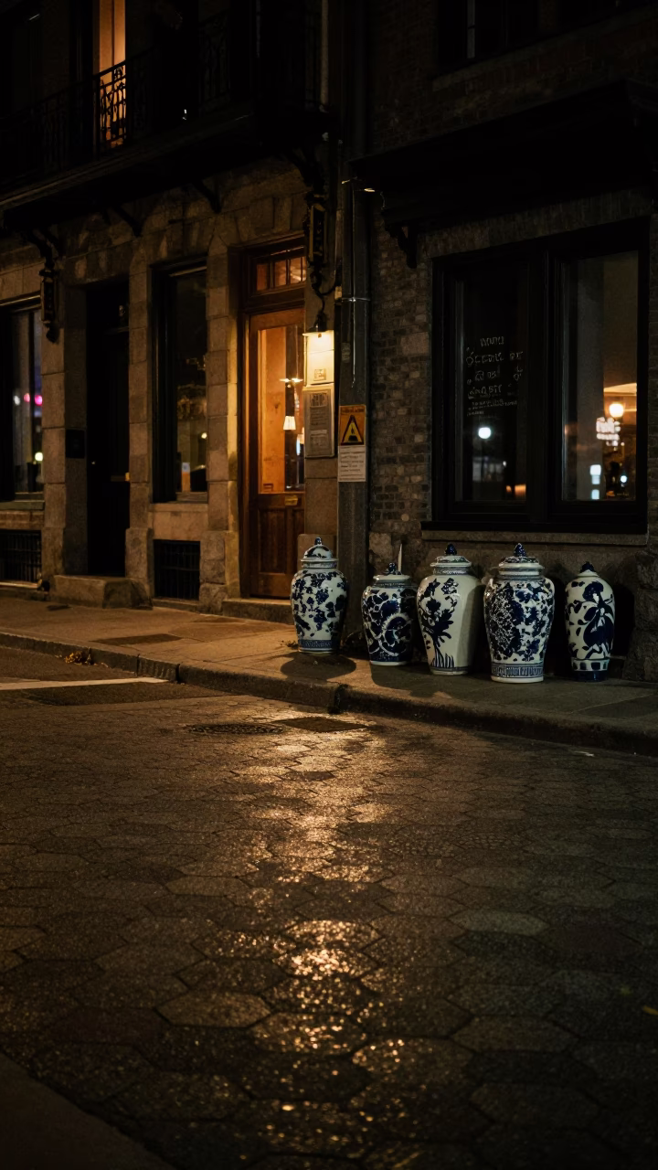 Late Night Montreal Street Corner with Porcelain Jars and Condensation Rings in in Montreal, Quebec, Canada
