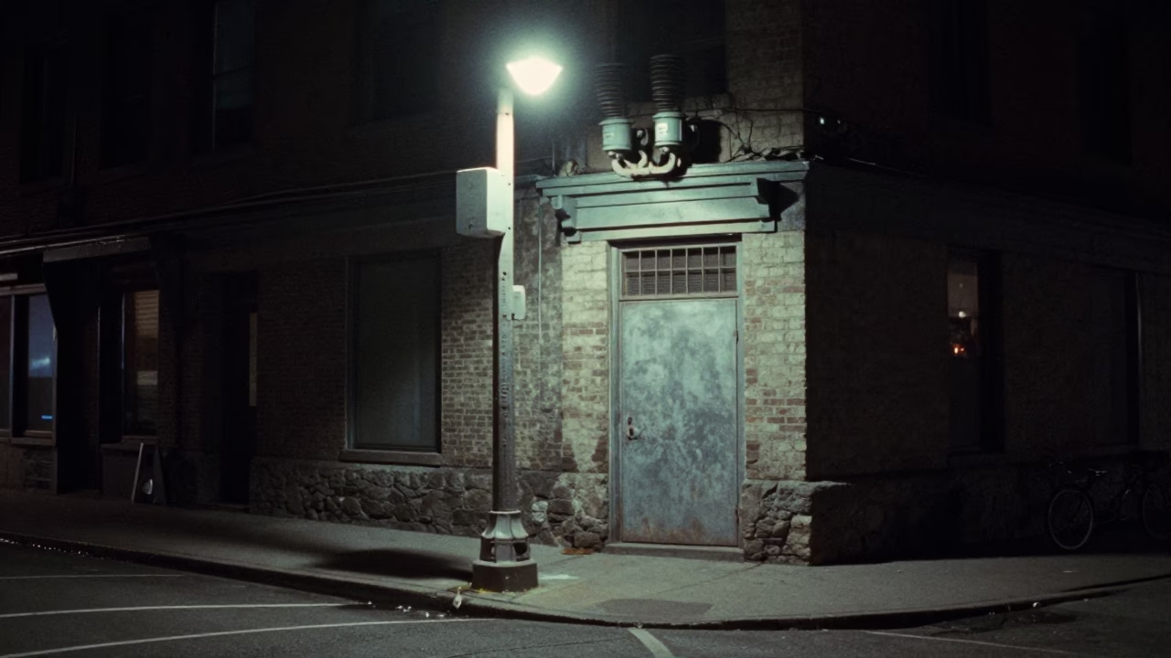 Late Night Montreal Street Corner with Power Substation and Latch Scratches in in Montreal, Quebec, Canada