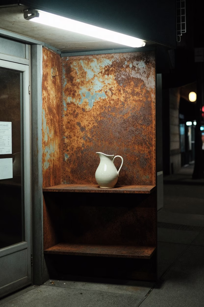Late Night Montreal Street Corner with Rusty Shelf and Ceramic Pitcher in in Montreal, Quebec, Canada