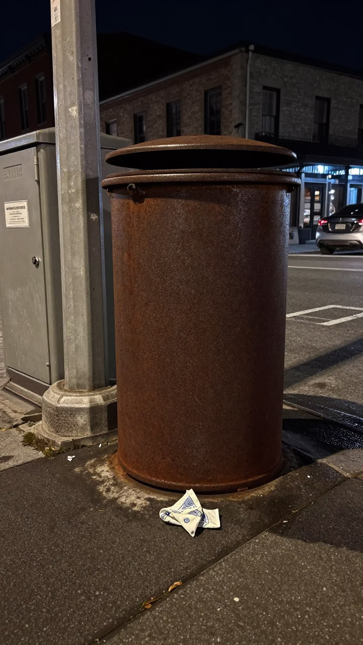 Late Night Montreal Street Corner with Trash Can Rust and Book Light in in Montreal, Quebec, Canada