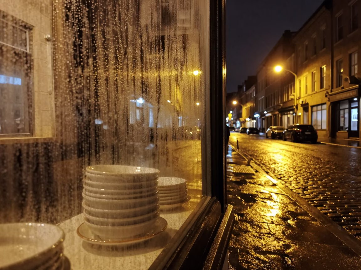 Late Night Montreal Street Scene with Condensation on Glass and Parked Scooter in in Montreal, Quebec, Canada