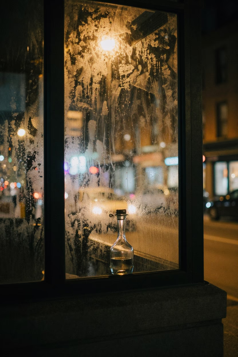 Late Night Montreal Street Scene with Condensation on Glass and Urban Details in in Montreal, Quebec, Canada