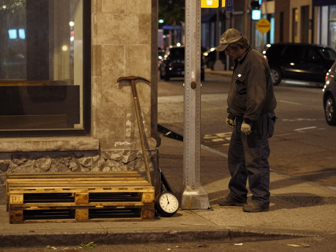 Late Night Montreal Street Scene with Crowbar and Metronome on Concrete in in Montreal, Quebec, Canada