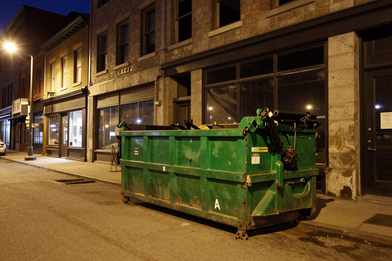 Late Night Montreal Street Scene with Demolition Dumpster and Urban Decay in in Montreal, Quebec, Canada
