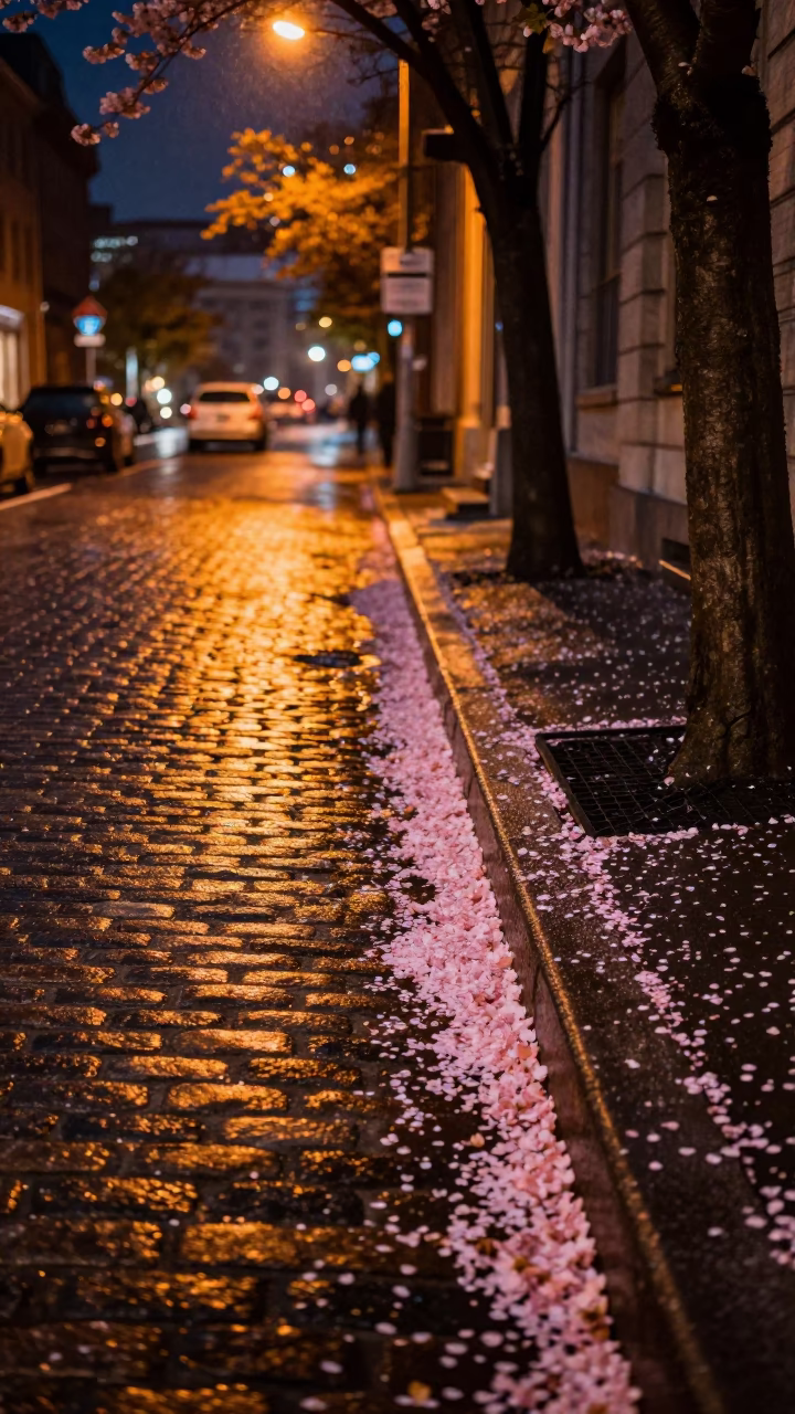Late Night Montreal Street Scene with Fallen Petals and Urban Details in in Montreal, Quebec, Canada