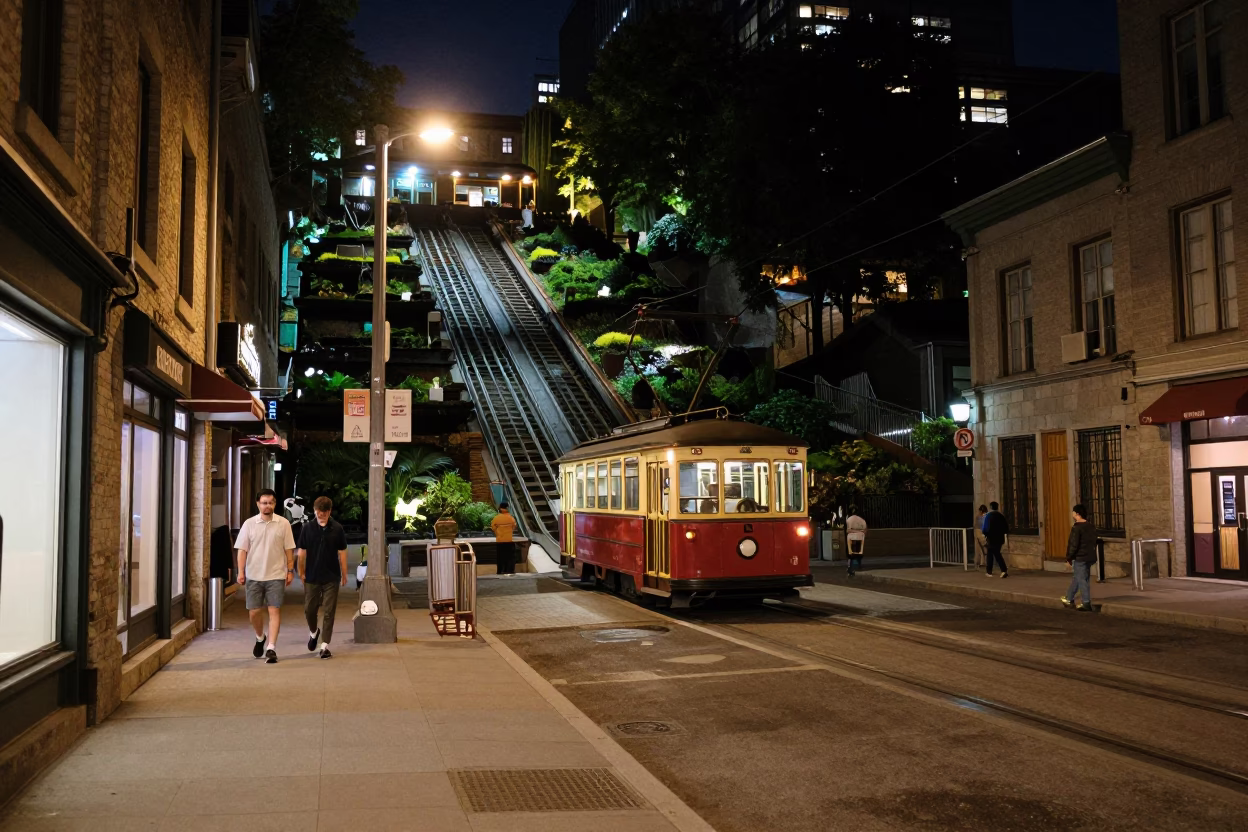 Late Night Montreal Street Scene with Funicular and Tea Towels in in Montreal, Quebec, Canada