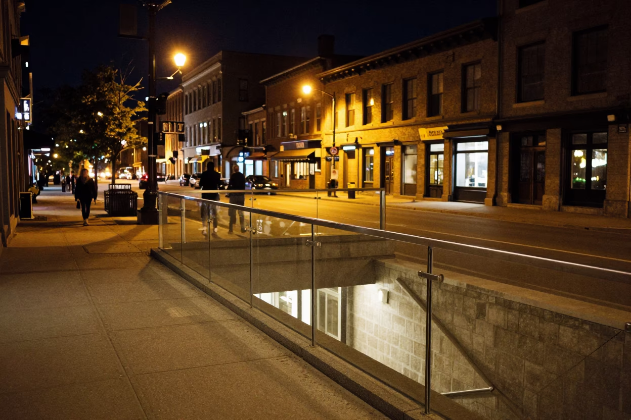 Late Night Montreal Street Scene with Glass Railing and Urban Night Life in in Montreal, Quebec, Canada