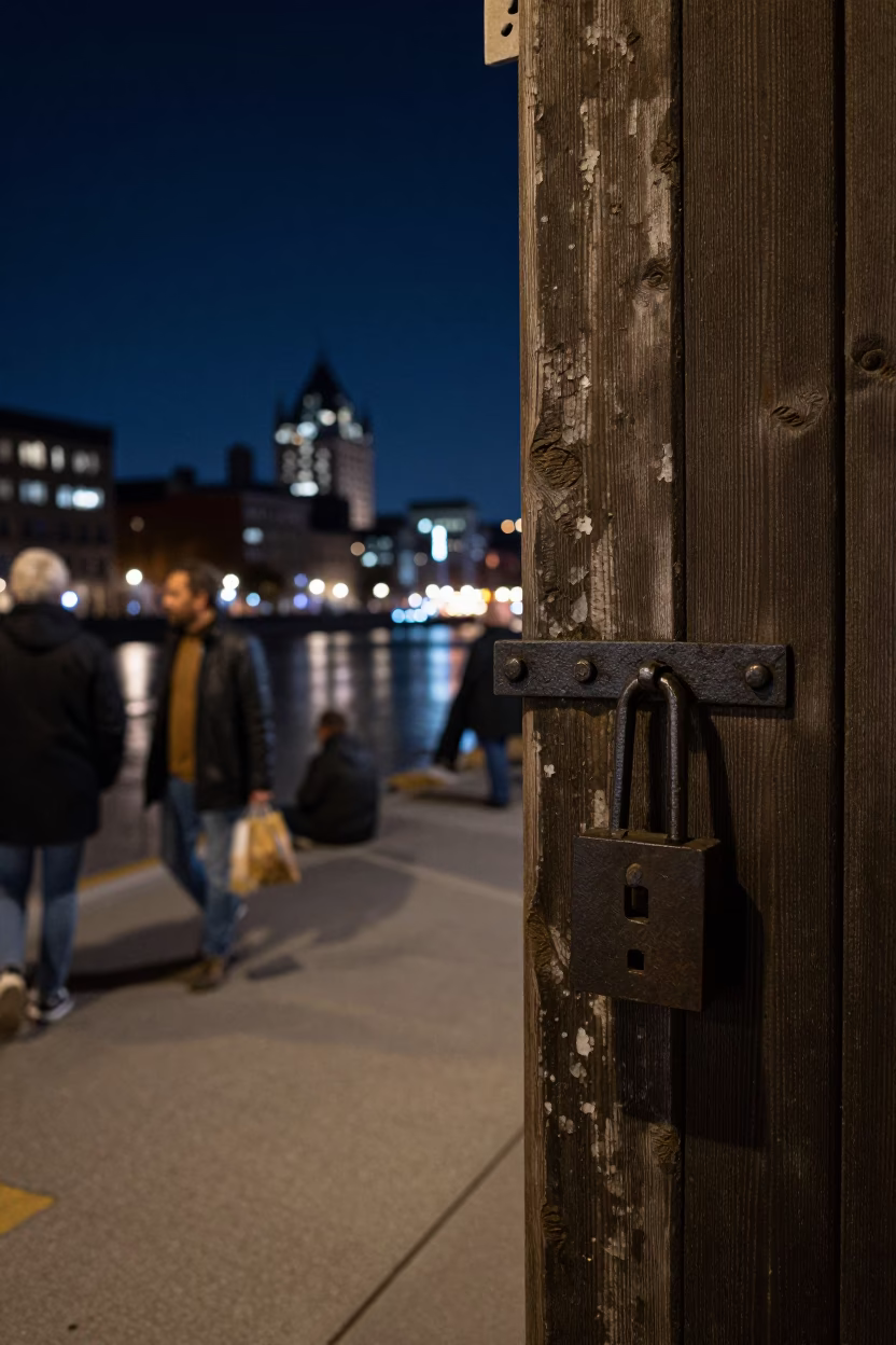 Late Night Montreal Street Scene with Iron Deadbolt and Urban River Drainage in in Montreal, Quebec, Canada