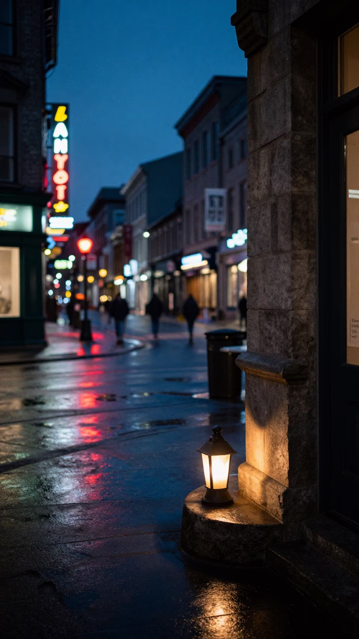 Late Night Montreal Street Scene with Lantern Light and City Architecture in in Montreal, Quebec, Canada