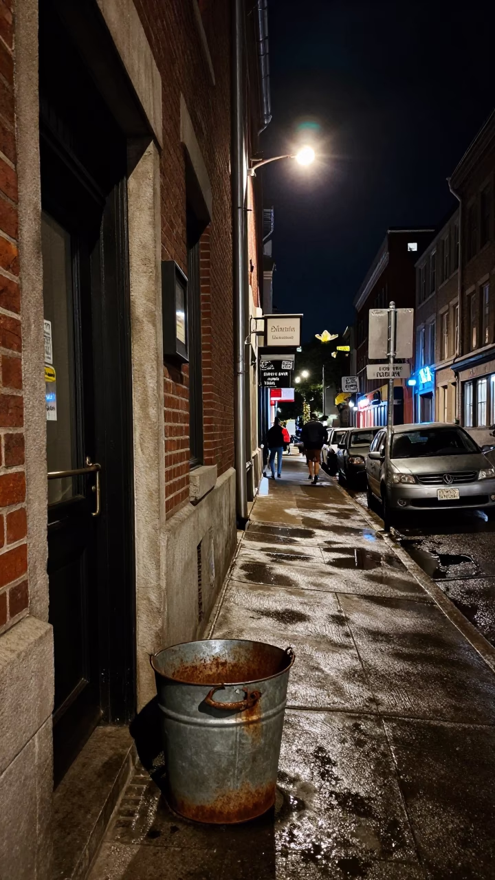 Late Night Montreal Street Scene with Metal Bucket and Chalkboard in Quebec in in Montreal, Quebec, Canada