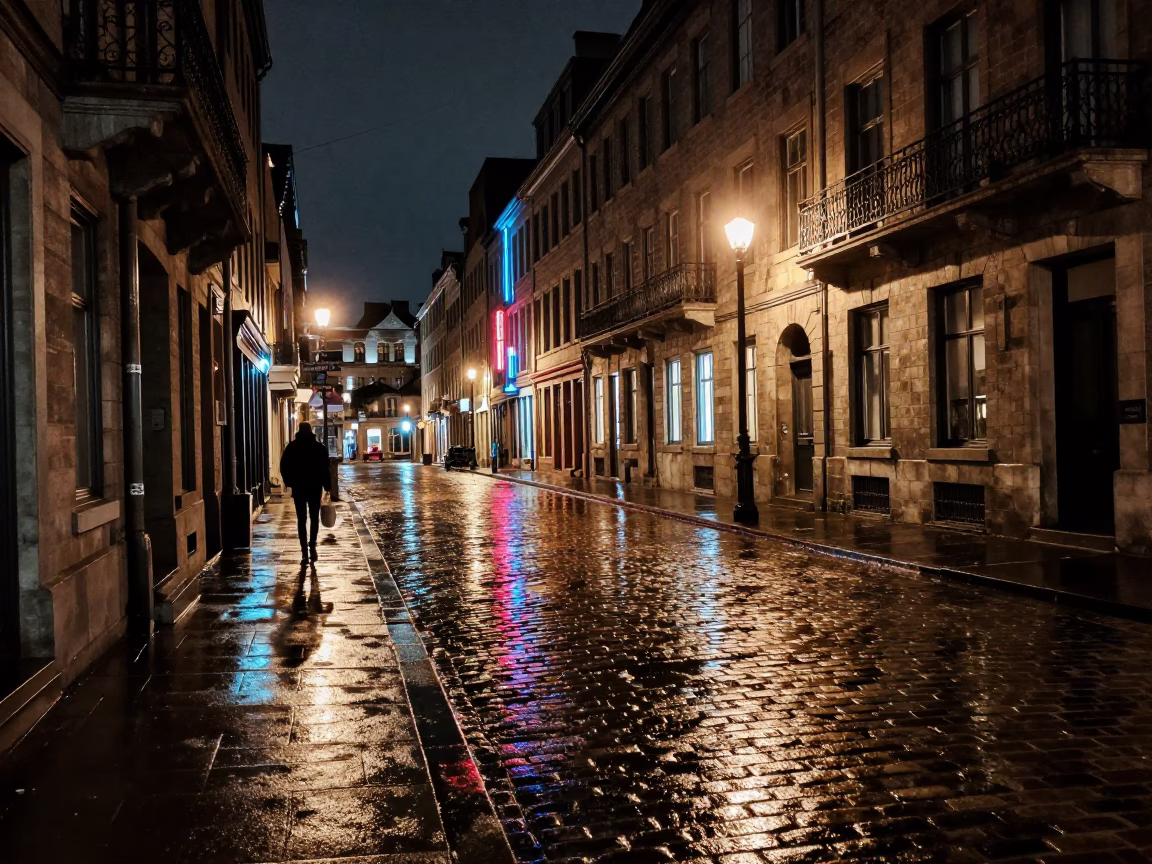 Late Night Montreal Street Scene with Neon Reflections and Quiet Urban Atmosphere in in Montreal, Quebec, Canada