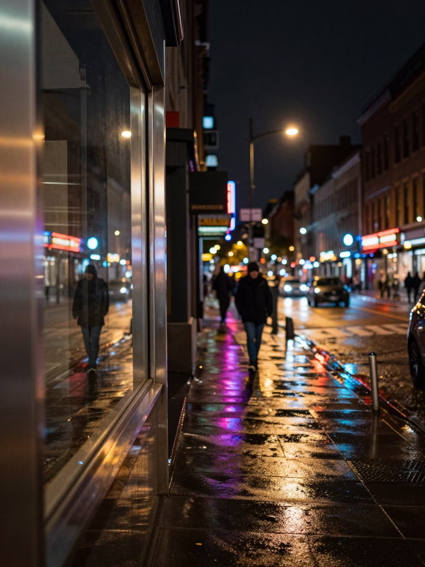 Late Night Montreal Street Scene with Neon Reflections and Urban Details in in Montreal, Quebec, Canada