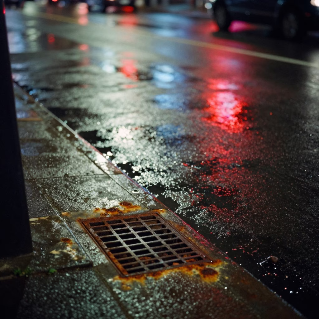 Late Night Montreal Street Scene with Rusty Drain and Fingerprinted Wall in in Montreal, Quebec, Canada