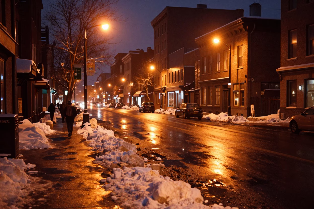 Late Night Montreal Street Scene with Sodium Lights and Urban Details in in Montreal, Quebec, Canada