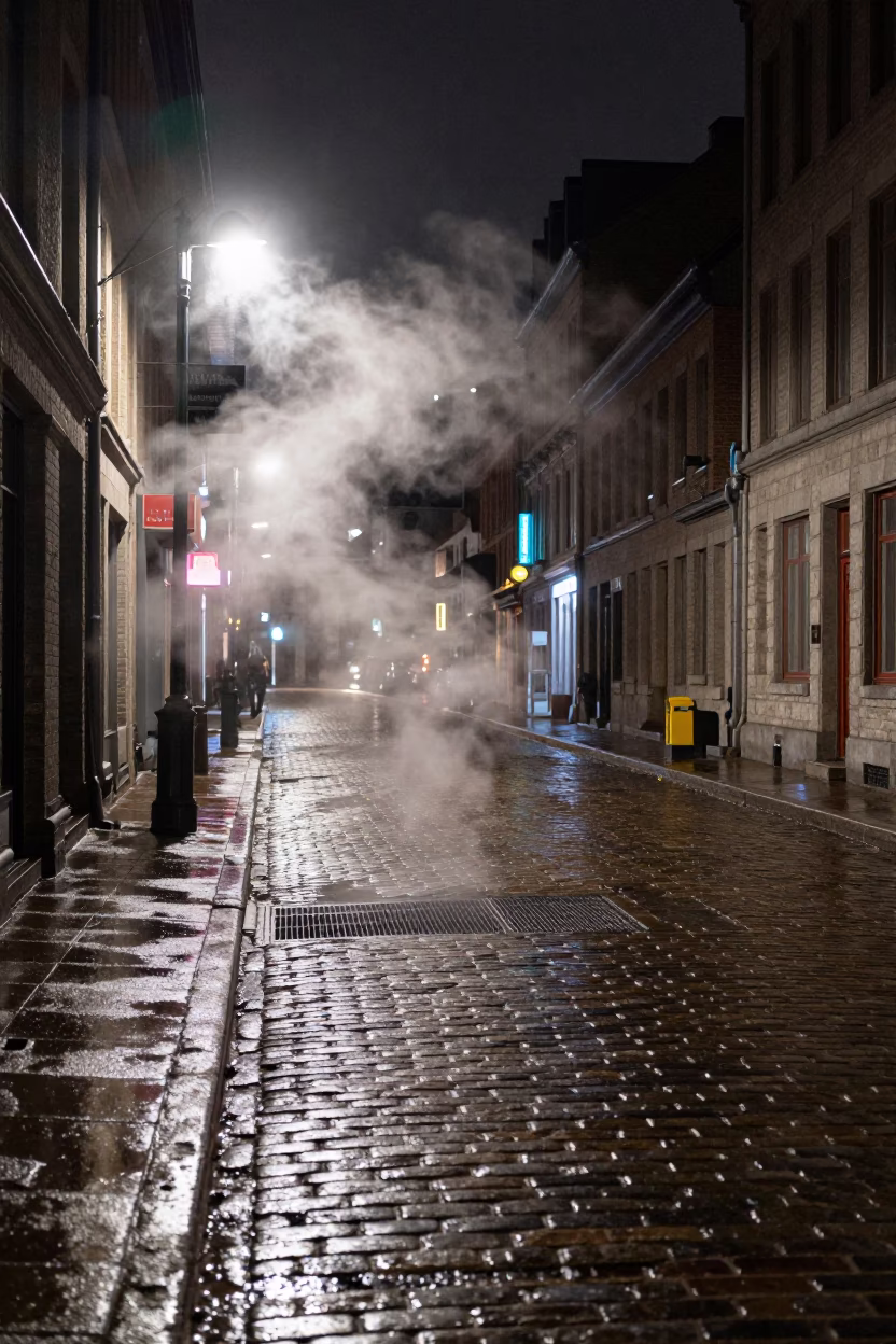 Late Night Montreal Street Scene with Steam and Neon Reflections in in Montreal, Quebec, Canada