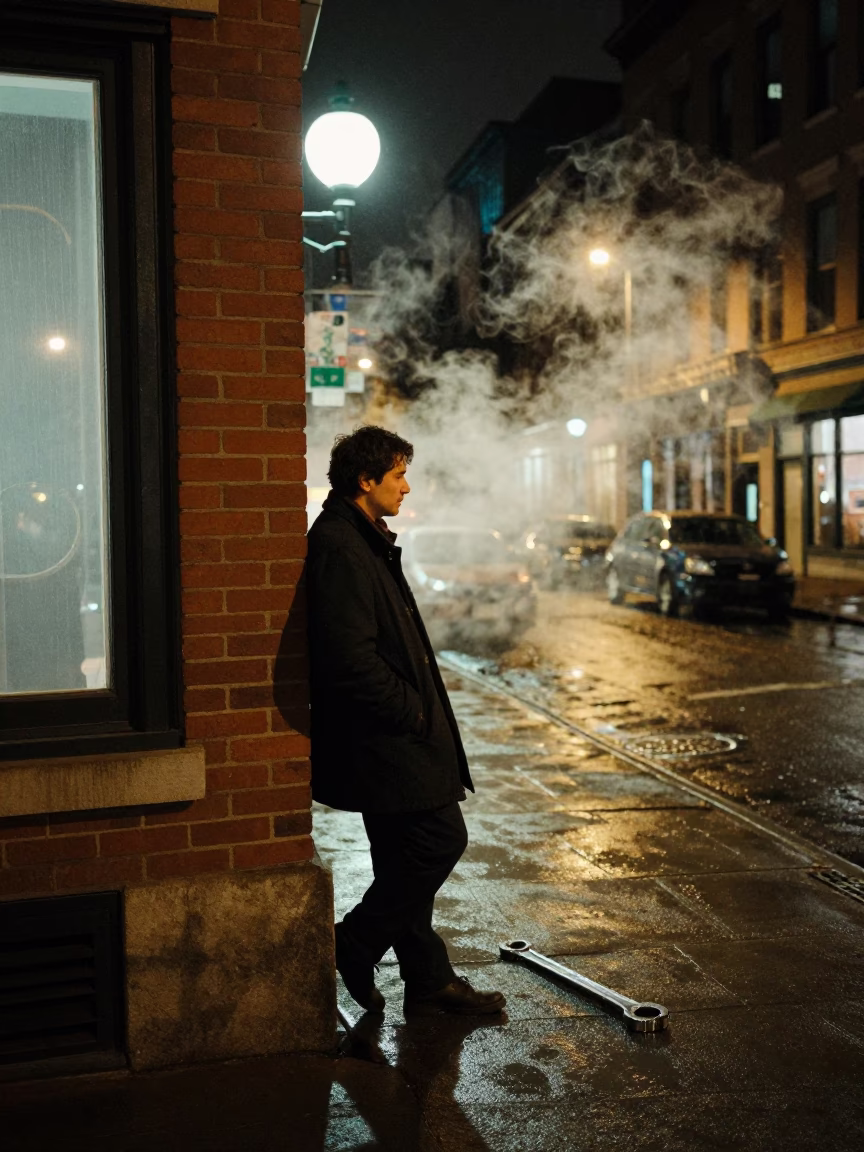 Late Night Montreal Street Scene with Steam and Wrench in Urban Quebec Setting in in Montreal, Quebec, Canada