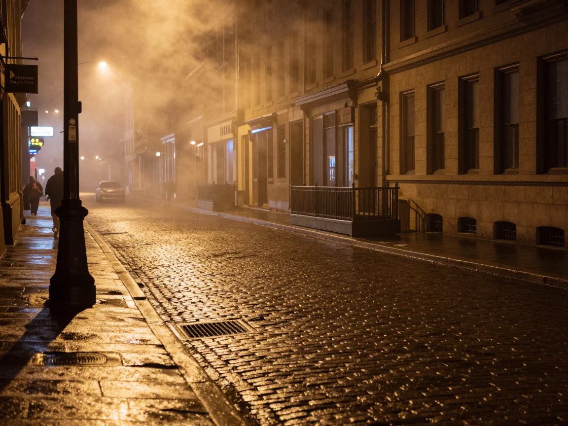 Late Night Montreal Street Scene with Steam Haze and Urban Reflections in in Montreal, Quebec, Canada