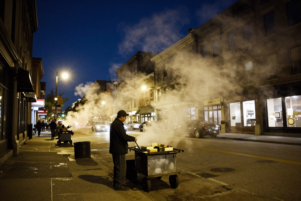 Late Night Montreal Street Scene with Steam Haze and Winter Architecture in in Montreal, Quebec, Canada
