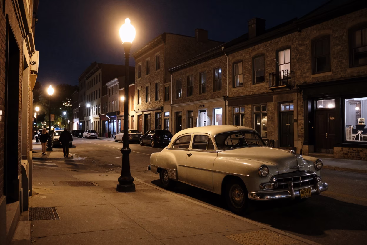 Late Night Montreal Street Scene with Vintage Car and City Lights in in Montreal, Quebec, Canada